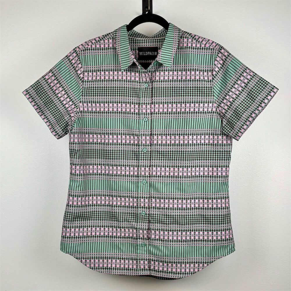 Wildfang Women's Multicolor Green/Pink Embroidered Button-Up Gingham Shirt